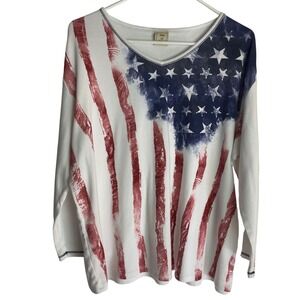 Jess & Jane Womens Old Glory Patriotic Top Size 1X White Flag Rhinestone USA